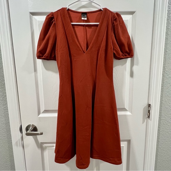 Libian Dresses & Skirts - Libian Brick Puff-sleeve V-Neck Fit & Flare Dress